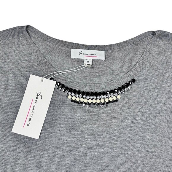NWT Vince Camuto Jeweled Neck Sweater Sz.M Gray Chiffon Hem Oversized Preppy - Picture 8 of 9